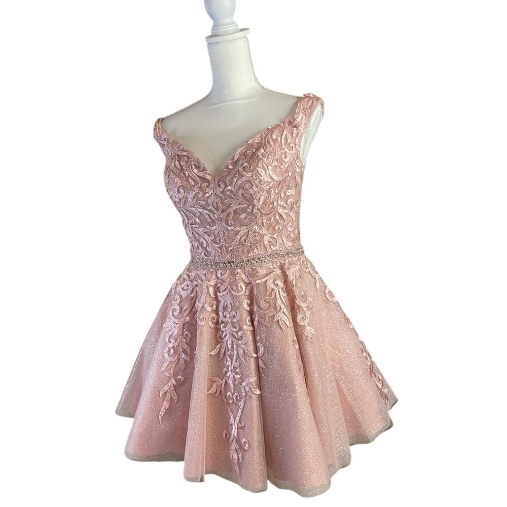 NWT Ellie Wilde Pink Off Shoulder Sparkle Tulle Prom Dress Size 8 - Picture 3 of 16